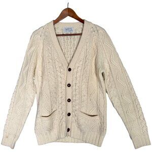 Vintage Men's 100% Cream Wool Cable Knit Cardigan Fisherman V Neck Coastal M